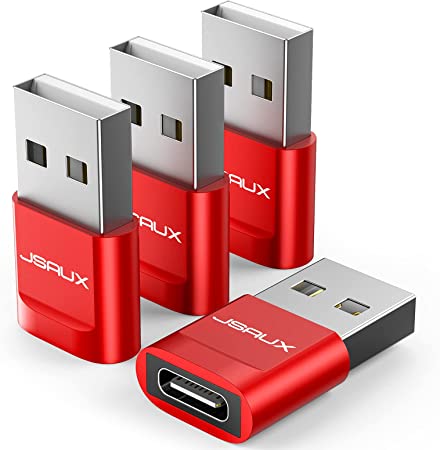 USB-C Female to USB-A Male Adapter 4-Pack, JSAUX Type C to A Charger Cable Adapter Compatible with iPhone 12 11 Mini Pro Max, Samsung Galaxy Note 10 20 S20 S21, Google Pixel 5 4 3 XL -Red