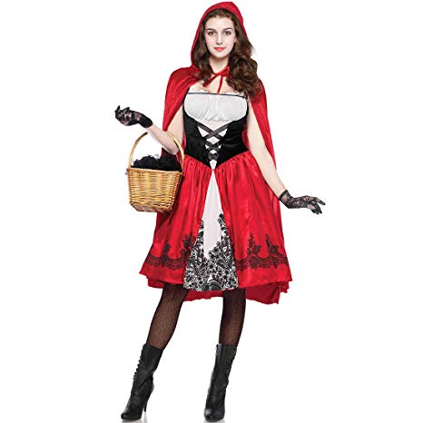 Women's Little Red Riding Hood Costume Cosplay Halloween Costume Knee Length Skirt and Removable Hood Cape