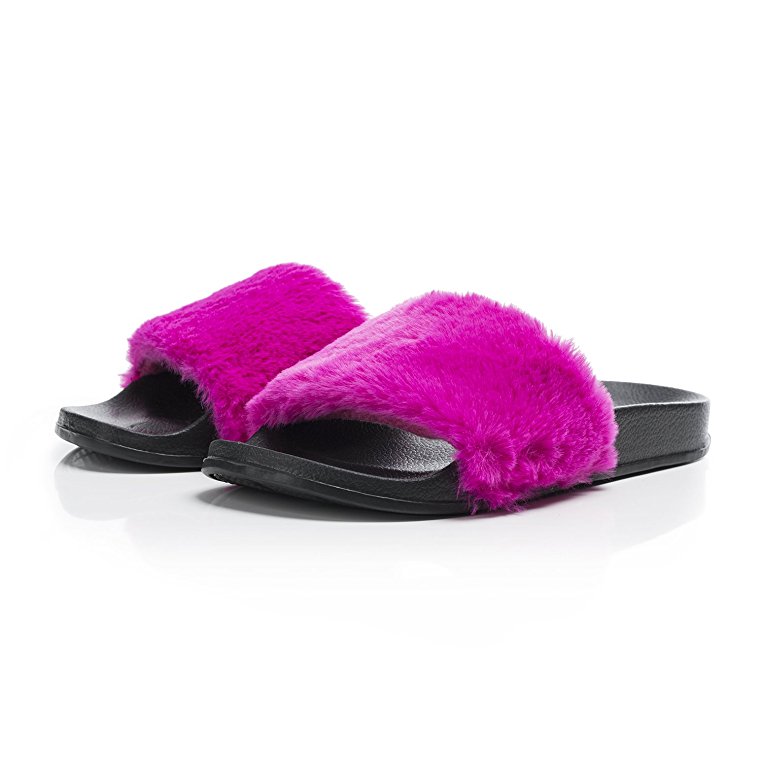 OCICI Women Slide Slipper Faux Fur Soft Flat Slide Slippers Comfort Anti-Skid Sole Indoor Outdoor House Slippers For Girls