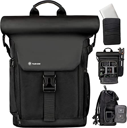 TARION Camera Backpack Rolltop Photography Backpack with Removable Laptop Case 2 in 1 Large Capacity Camera Bag with Waterproof Rain Cover for DSLR SLR Cameras (SP-01 Black)