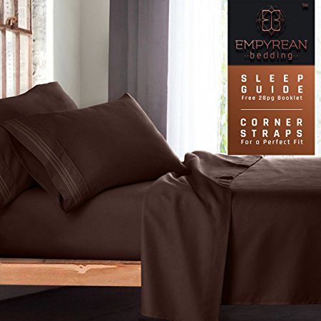 Queen Size Bed Sheets Set, Dark Brown Chocolate - Soft Luxury Best Quality 4-Piece Bed Set - Features Special Tight Fit Corner Straps on Extra Deep Pocket Fitted Sheets   Fun "Better Sleep Guide"