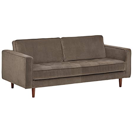 Rivet Aiden Tufted Mid-Century Velvet Bench Seat Sofa, Without Side Pillows, 74"W, Grey