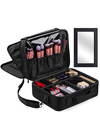 Kootek Travel Makeup Bag 3-Layer Cosmetic Train Case Portable Toiletry Organizer with Mirror Removable Dividers Shoulder Strap for Makeup Tools Brushes Jewelry Digital Accessories, Large