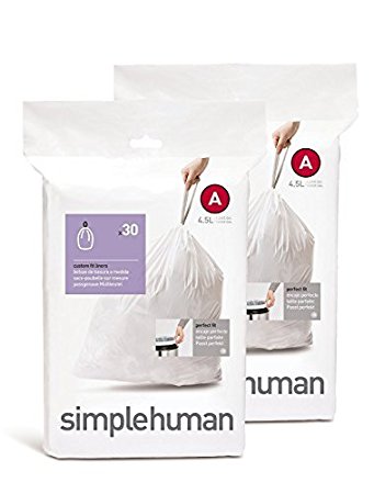 simplehuman Custom Fit Trash Can Liner A, 4.5 Liters / 1.2 Gallons, 30-Count (Pack of 2)