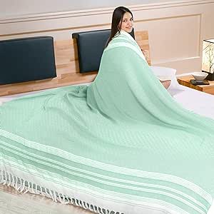 Genovega Extra Large Cotton Throw Blanket Queen Full Size Quilt Blanket Thin Lightweight Cooling Blanket for Hot Sleeper Items Breathable Comforter Summer Ice Cold Bed Sheet Linen Bedspread