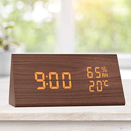 Jack & Rose Wooden Digital Alarm Clock, Large LED Display Digital Clock with 3 Alarms, Humidity & Temperature Detect, Sound Control Desk Clock for Bedroom, Bedside, Office