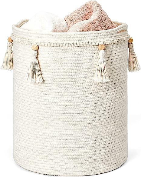 Mkono Macrame Decorative Cotton Rope Basket Boho Cute Woven Tassel Tall Basket Closet Storage Bins Organizer for Nursery,Baby Toys, Potted Plants Cover,Living Room,Bedroom Home Decor 15.7"x 19.6"