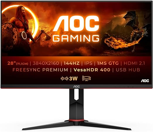 AOC Gaming U28G2XU2 - 28 INch 4K UHD Monitor, 144Hz, HDMI 2.1, IPS, 1ms GTG, HDR400, FreeSync Premium, Height Adjust (3840 x 2160 @ 144Hz, 370 cd/m², HDMI 2.1 / DP 1.4 / USB 3.2)