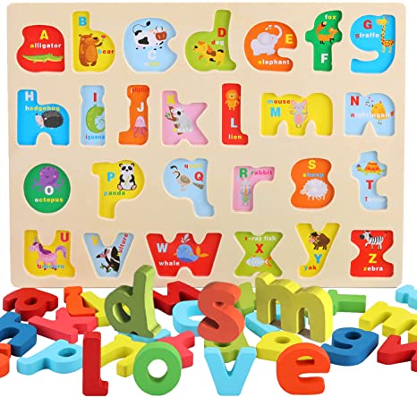Wooden Alphabet Puzzle Board ABC Letters with Cute Animal Illustration for Kids Toddlers Preschool Early Learning Educational Toys, 26pcs Lowercase Multi-Colored Jigsaw Blocks