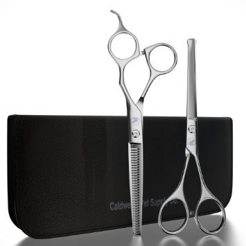 Caldwell's Long and Short Haired Cat and Dog Grooming Scissors - Set of Two - 1 Pair Pet Thinning Shears with 1 Pair Round Tip / Ball Tip Safe Edge Trimming Shears