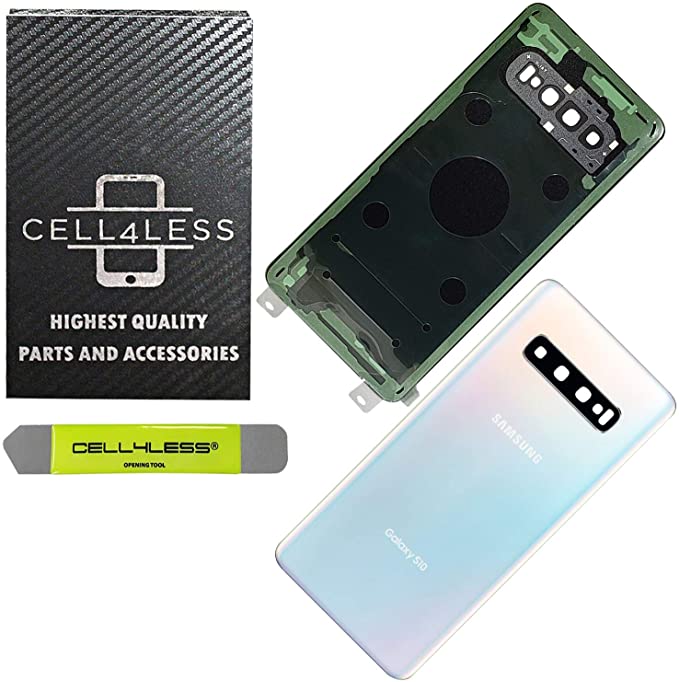 CELL4LESS Back Glass Replacement for The Galaxy S10 Model Including Camera Frame, Lens, & Removal Tool (Prism White)