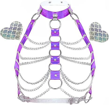 Rave Hologram Body Chest Harness Cage Bra Choker Chain Belts Body Costume with Pasties for Music Festival Roleplay Clubwear