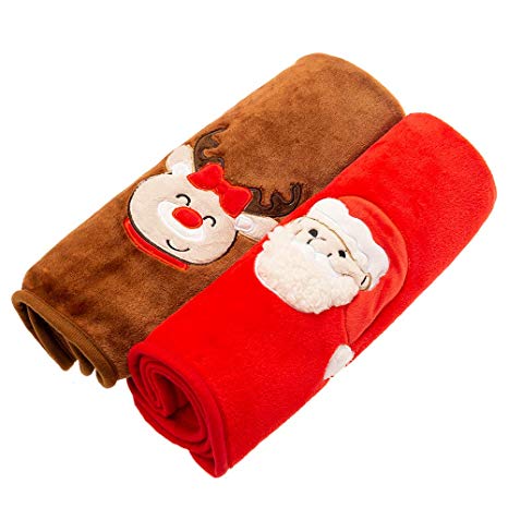 EXPAWLORER Christmas Pet Warm Blanket Santa Claus Embroidery Print Soft Comfortable Flannel 2 Pieces for Cats Dogs