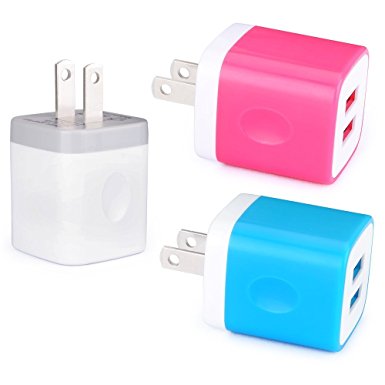 Charger Box, FiveBox 3 PACK 2.1A Dual Port USB Wall Charger Brick Base Case Phone Charger Cube Charging Block Plug For Android, Apple iPhone X/8/7/6/6s Plus, iPad, Samsung Galaxy S8 S7 S6, LG, Nokia 8