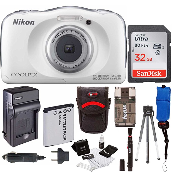 Nikon COOLPIX W100 Waterproof Digital Camera (White)   32GB Card   Battery with Charger   Kit