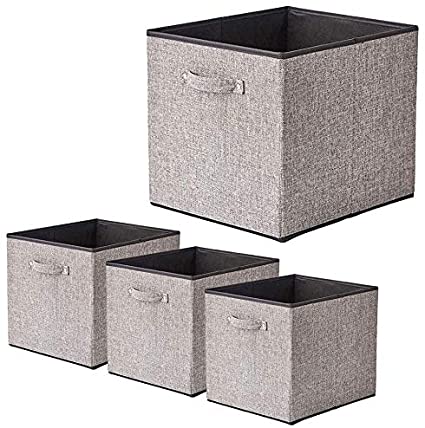 BeigeSwan Foldable Storage Bin [Set of 4] Fabric Organizer Container Cube Basket with Handles - 13 x 15 x 13 inch (Gray)