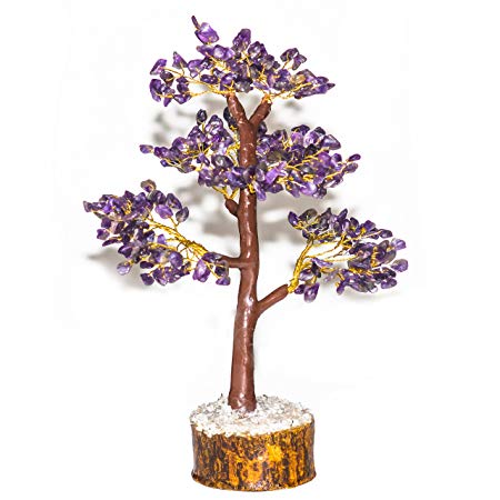 Crocon Natural Healing Gemstone Crystal Bonsai Fortune Money Tree for Good Luck, Wealth & Prosperity Spiritual Gift Size 10-12 Inch (Amethyst (Golden Wire))