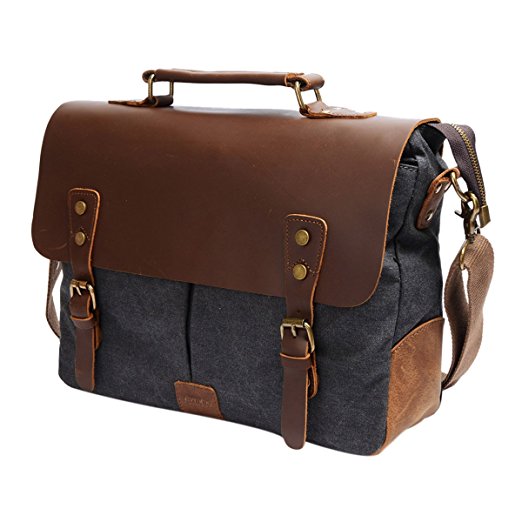 S-ZONE Fashion Canvas Genuine Leather Trim Travel Briefcase Laptop Bag (Dark Grey)