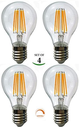 SleekLighting 6 Watt A19 LED Filament Dimmable General Purpose Household Light Bulb, Warm White 2700K, E26 Medium Base 4 PACK (A60)