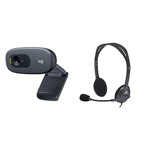 Logitech C270 HD Webcam, HD 720p/30fps, Widescreen HD Video Calling with H111 Wired On Ear Headphones with Mic-Black