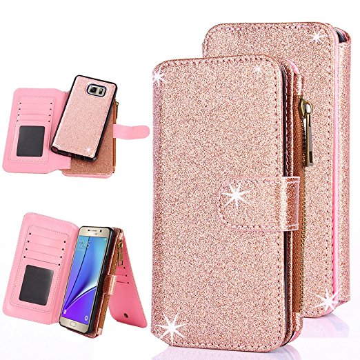 Galaxy Note 5 Case, CaseUp 12 Card Slot - [Zipper Cash Storage] Premium Flip PU Leather Wallet Case Cover With Detachable Magnetic Hard Case For Samsung Galaxy Note 5 , Glitter Rose Gold