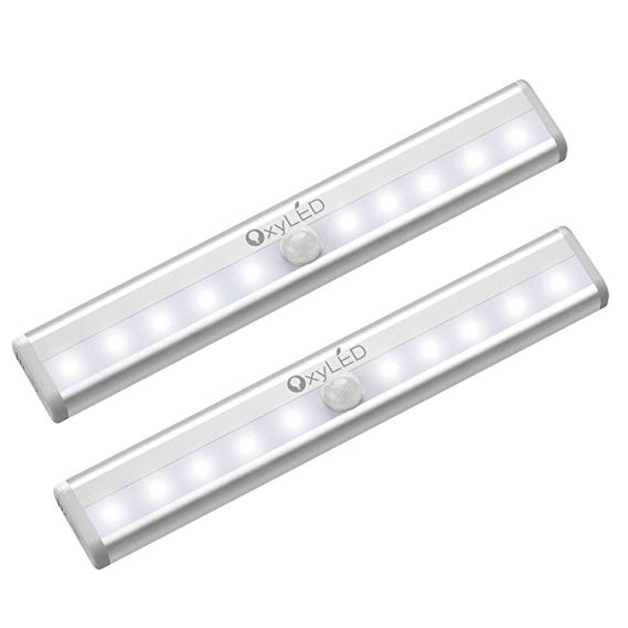 2-Pack Motion Sensor Closet Lights,OxyLED Under Cabinet Lighting, Portable Wireless 10 LED Wardrobe Light with Magnetic Strip, 7.7 Inch LED Light Bar (Battery Operated)