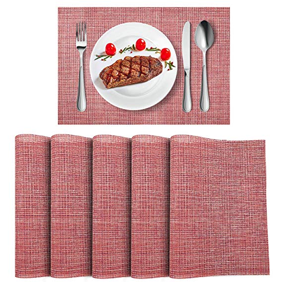 WLIFE Placemats, Heat-Resistant Placemats, Stain Resistant Washable PVC Table Mats, Cross Weave Non-Slip Vinyl Table Mats 18"X12" Brick Red, 6pcs placemats