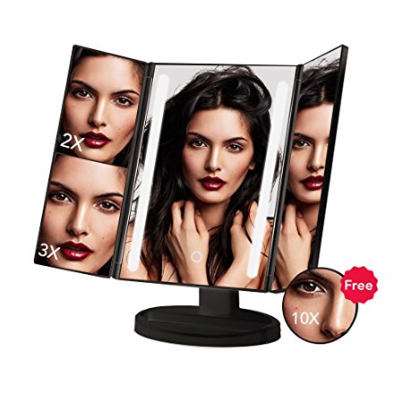 LED Lighted Makeup Mirror,Upgraded 24 Led Dimmable Tri-Fold Vanity Mirror, 3X 2X 1X Magnification mirror with Touch Screen and Removable 10X Magnification Spot Mirror,Dual Power Supply(Black)