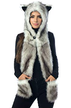 White Wolf Hood Faux Fur Hat with scarfs mittens & paws Spirit 3 in 1 by Hatbutik