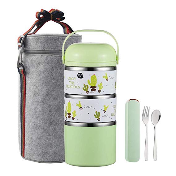 YBOBK HOME Cute Bento Lunch Box with Flatware Set Stackable Lunch Box Stainless Steel Lunch Box Leak Proof Bento Box Insulated Reusable Meal Prep Container for Kids and Adults (3-Tier, Green)