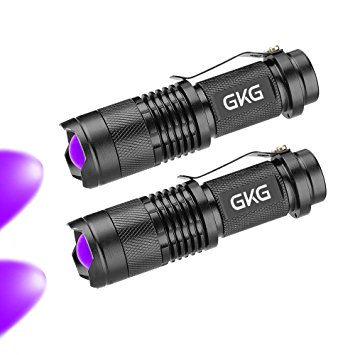 2Pack Blacklight UV Flashlight GKG Ultraviolet LED Flashlight, Pet Urine and Stains Detector, Scorpion Hunting, 3 Light Modes with Zoom Function