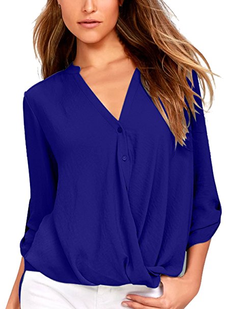 FARYSAYS Women's Casual High Low T Shirt V Neck Cuffed Long Sleeve Button-up Blouse Tops ( 6 Colors, S-XXL )