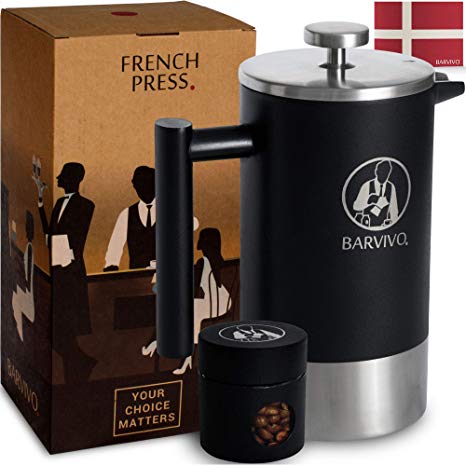 BARVIVO French Press Coffee Maker - Best for Brewing Your Favorite Cup of Coffee or Tea - Comes with a Small Portable Travel Jar - The Black Double Insulated Stainless Steel body holds 34oz