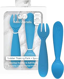 ezpz Mini Utensils - 12 Months+ (Fork & Spoon in Blue) - 100% BPA Free Fork and Spoon - Toddler Utensils - Designed by a Pediatric Feeding Specialist