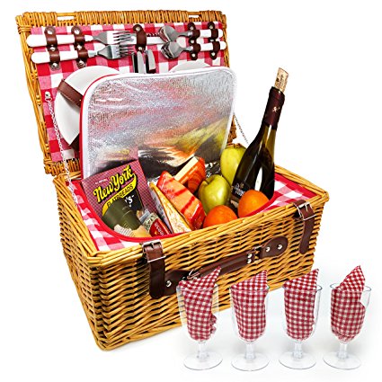 UPGRADED Picnic Basket - Premium INSULATED 4 Person Wicker Hamper Set with Plates, Wine Glasses, and Flatware