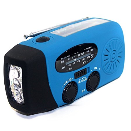 EpochAir Emergency Solar Hand Crank Self Powered AM/FM/NOAA Weather Radio, LED Flashlight, Smart Phone Charger Power Bank with Cables, Multi-Function with (Blue)