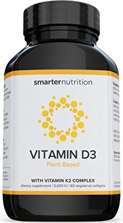 Smarter Nutrition Plant-Based Vitamin D3 with K2 Complex for Healthy Bones and Arteries, Vegetarian Softgels (1 Month Supply)