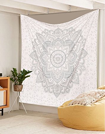 Exclusive " Orignal Silver Ombre Tapestry by Labhanh" , Mandala Tapestry, Queen Indian Mandala Wall Art Hippie Wall Hanging Bohemian Bedspread ,