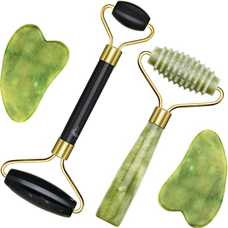 2 Pieces Jade Roller Facial Ridged Roller Kits Skin Roller with 2 Pieces Gua Sha Scraping Massage Tools Anti Aging and Wrinkles for Face, Eye, Neck, Body Massage (Black and Green)