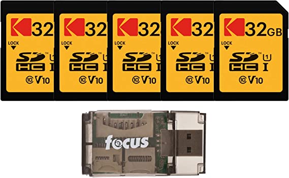 KODAK 32GB Class 10 UHS-I U1 SDHC Memory Card (5-Pack) with Focus All-in-One USB Card Reader Bundle (6 Items)