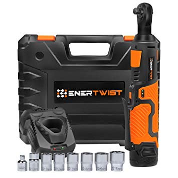 EnerTwist Cordless Electric Ratchet Wrench 3/8 Inch with 12V Lithium-ion Battery and Fast Charger Includes 7-Piece 3/8" Metric Sockets Kit and 1/4" Adaptor, ET-RW-12