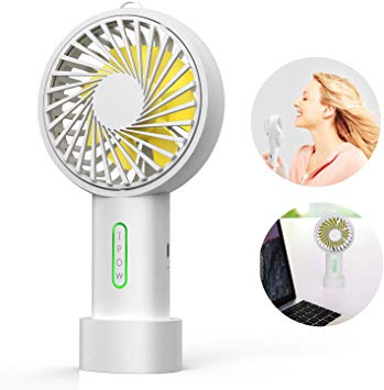 IPOW Mini Handheld Fan Personal Portable Fan 3 Speed Adjustable Angle Removable Base Lanyard USB Recharging Battery Operated Small Desk Cooling Face Fan for Home Camping Disney Travel ICY White