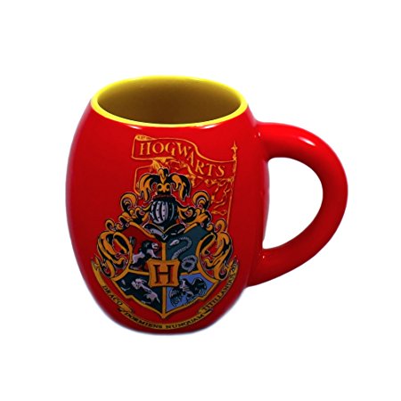 Silver Buffalo Warner Bros HP0144 Harry Potter Movie 1-8 Hogwarts Crest with Banner Oval Ceramic Curved Mug, 18 oz, Multicolor