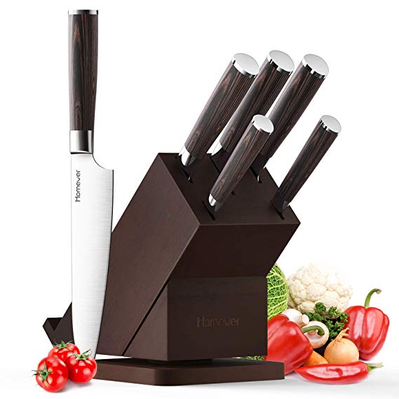 Knife Set, Homever Kitchen Knife Set 6-Piece Stainless Steel with Wood Handle, Rotatable Block Set for Recipe and Laptop