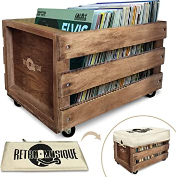 Retro Musique Wooden Vinyl LP Record Storage Crate on Wheels for Easy Mobility | Holds 80-100 LP's
