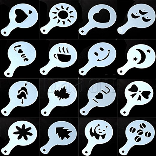 16 x Cappuccino Coffee Stencils Template Strew Flowers Pad Duster Spray