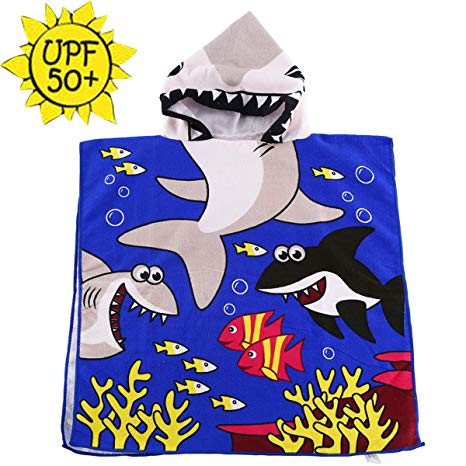 HETH Kids Hooded Beach and Bath Towel Beach Swimming Coverup for Age 2-8 Years Old Multi-use for Bath/Shower/Pool(Tiger Shark)