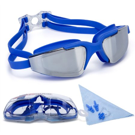 GAOGE Swimming Goggles No Leaking Anti Fog UV Protection Clear Triathlon Swim Goggles with Free Nose Clip, Ear Plugs Protection Case for Adult Men Women Youth Kids Child, Blue