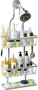 AHNR Bathroom Hanging Shower Caddy Over Shower Head Organizer, Rustproof Shower Organizer with Hooks and Adhesives, Anti-Swing Over the Shower Head Caddy (Silver)