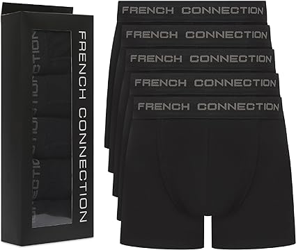 French Connection Boxers For Men – Pack Of 5 Black Men’s Cotton Boxers – Men’s Anti-Chafing Boxer Shorts – Moisture Wicking and Breathable Men’s Underwear